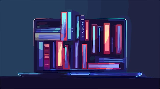 Many Books on Screen of Modern Laptop Against Dark Background