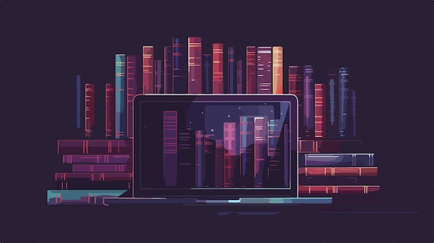 Many Books on Screen of Modern Laptop Against Dark Background