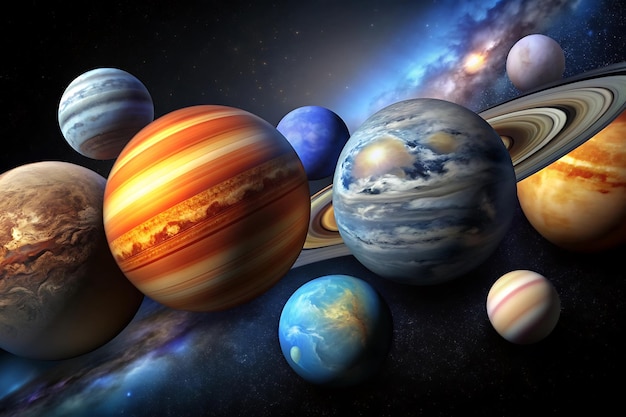 Vector many different planets and stars in open space illustration