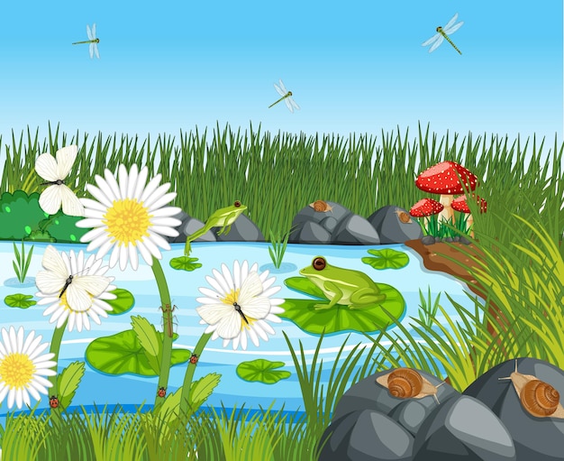 Many green frogs and dragonfly in the pond scene