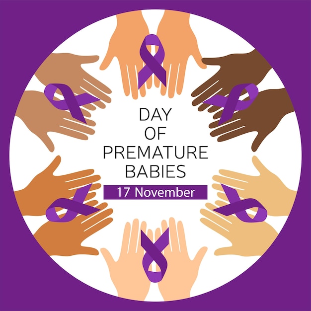 Many hands with purple ribbon Square banner for 17 November Day of premature babies. Vector