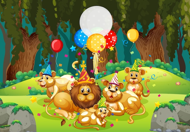 Many lions in party theme in nature forest