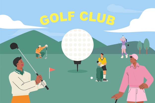 Many people are playing golf on the field with a large golf ball. flat vector illustration.