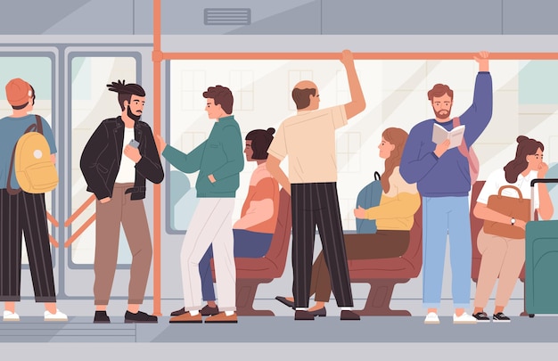 Many people sitting and standing inside public transport. City bus full of passengers, reading and talking. Citizens commuting on trolleybus. Daily urban routine. Colored flat vector illustration.