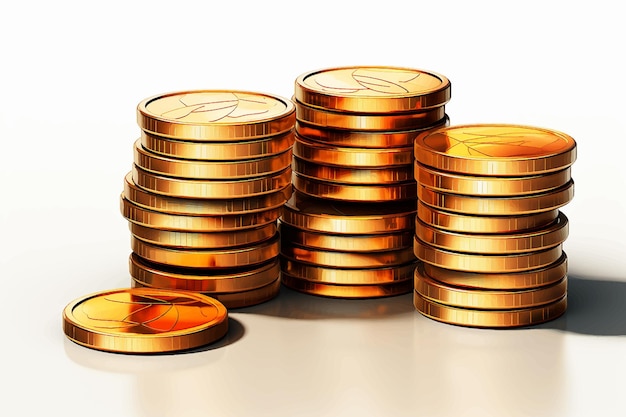 Many shiny gold coins on white background money toned in gold money stack