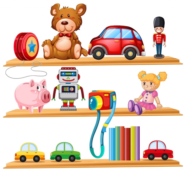 Many toys and books on wooden shelves