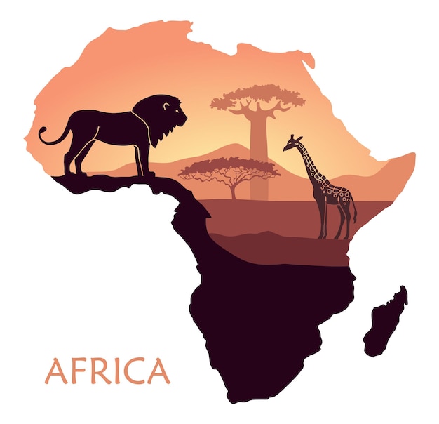 Map of Africa with the landscape of sunset in the Savannah lion giraffe baobab and acacia Vector background