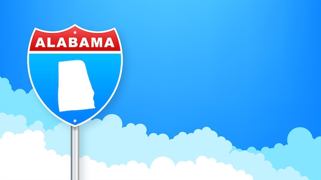 Map of Alabama State United States of America, Alabama outline road sign. Blue glowing outline. Vector illustration.