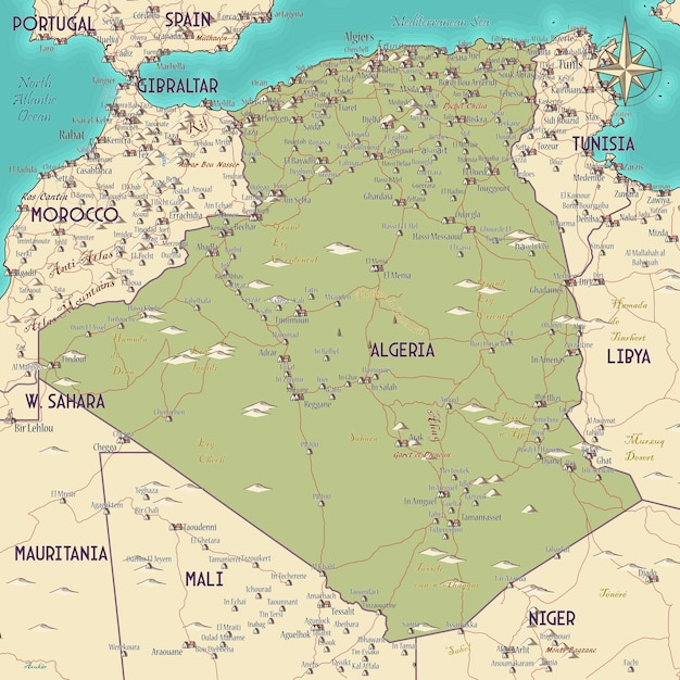 Vector map of algeria vintage fantasy style