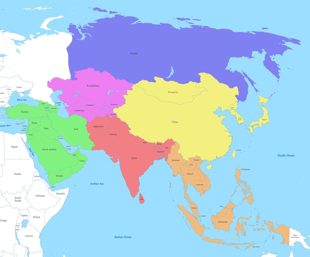 Vector map of asia with borders of the states