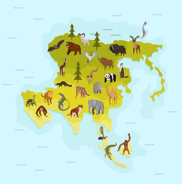 Map of asia with different animal. Funny cartoon banner for children with the continent