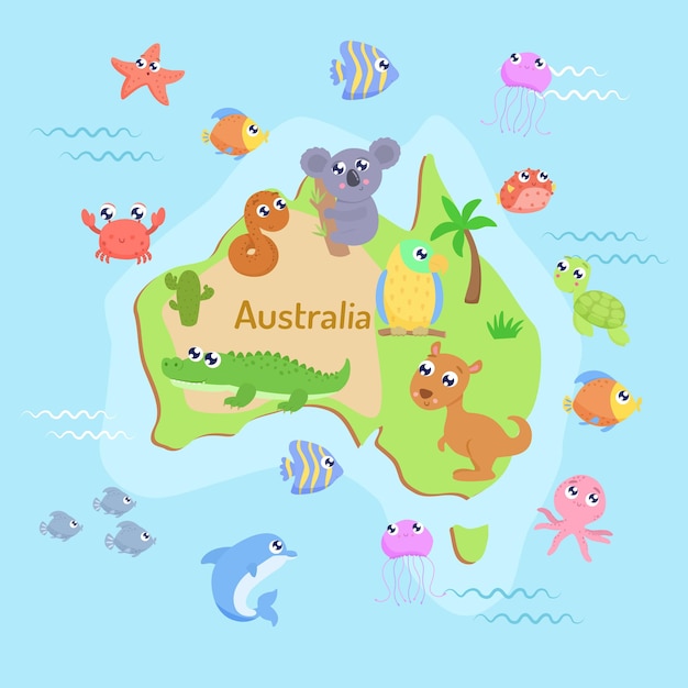 Map of Australia with cartoon animals for kids   illustration