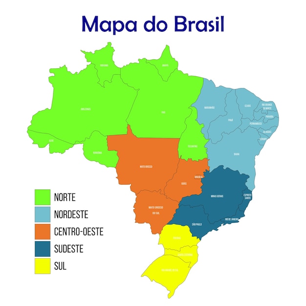 Map of Brazil divided by regions with state names