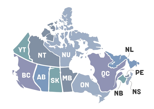 Map Canada. Poster map of provinces and territories of Canada. Black and white print map of Canada for t-shirt, poster or geographic themes. Hand-drawn black map with provinces. Vector Illustration