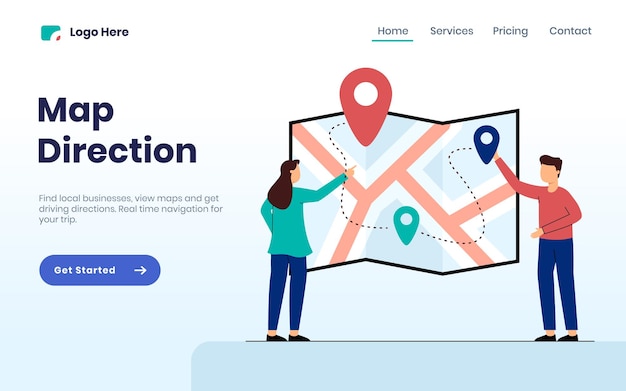 Map direction landing page concept with two people search for a location