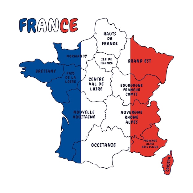 Map of France with french regions and flag Hand drawn vector illustration