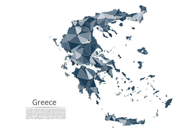 Map of Greece connection Vector lowpoly image of a global map with lights in the form of cities