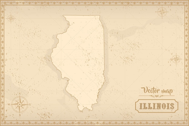 Vector map of illinois in the old style brown graphics in retro fantasy style