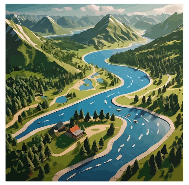 Vector map in isometric view it shows a landscape with various geographical elements such as a river hill