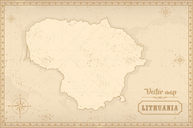 Vector map of lithuania in the old style brown graphics in retro fantasy style