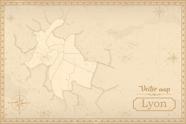 Vector map of lyon in the old style brown graphics in retro fantasy style city in france