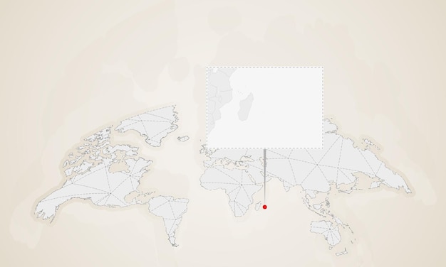 Map of Mauritius with neighbor countries pinned on world map