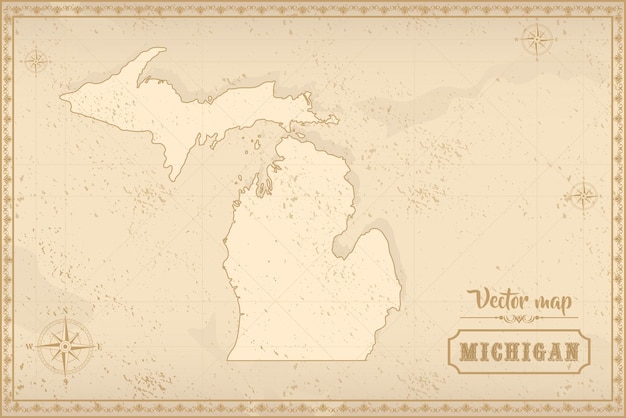 Vector map of michigan in the old style brown graphics in retro fantasy style