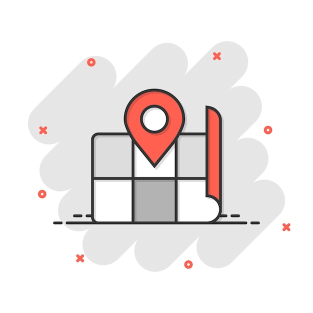 Map pin icon in comic style gps navigation cartoon vector illustration on white isolated background Locate position splash effect business concept