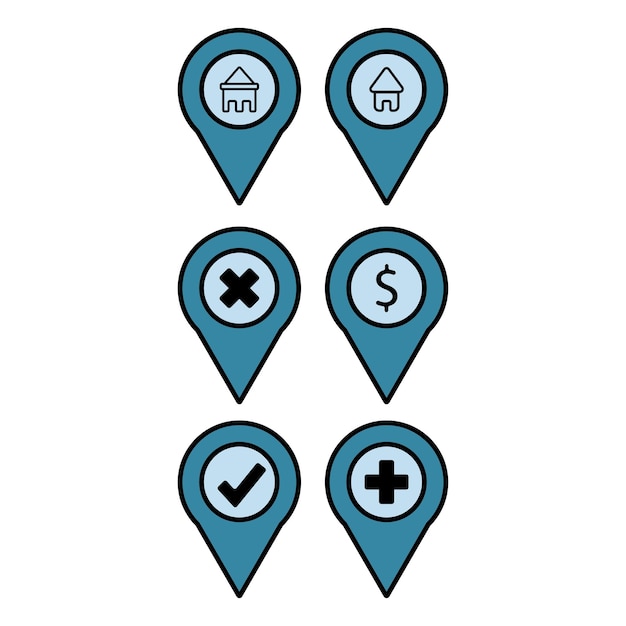 Map pin icon in flat style with icons of home bank dollar medicine agree and disagree