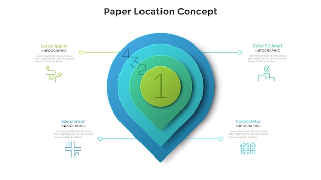 Map pin or location mark consisted of four colorful paper round elements placed one on another. Concept of 4 steps of business route. Modern infographic design template. Realistic vector illustration.