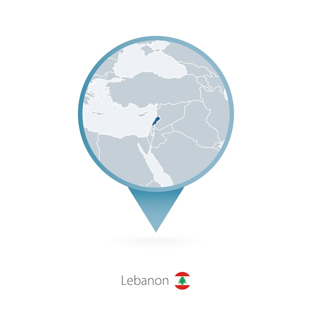 Map pin with detailed map of Lebanon and neighboring countries