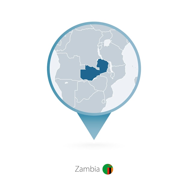 Map pin with detailed map of Zambia and neighboring countries