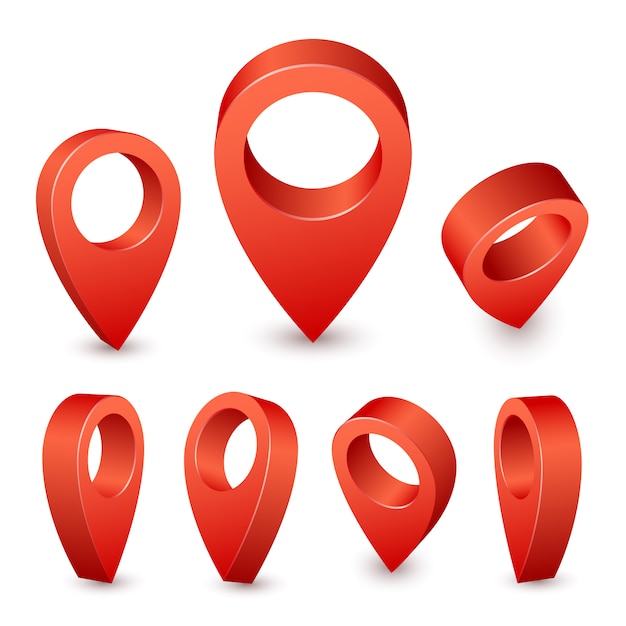 Map pointer 3d pin. Red pin marker for travel place. Location symbols set isolated on white background