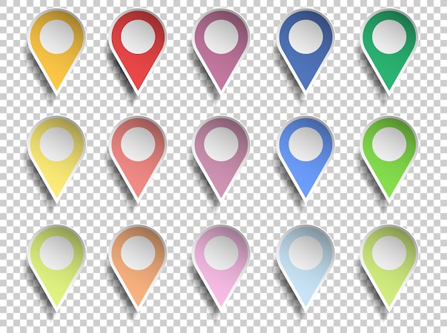 Map pointer various color with circle center, paper cut style on transparent background