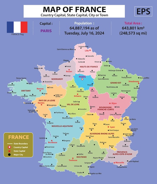 Vector map of russia and france with country capital state capital and major city