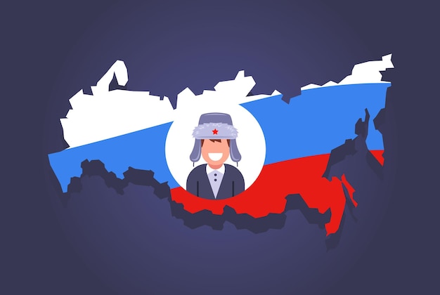 Map of russia with an icon of a typical person from this country cap with earflaps on the head