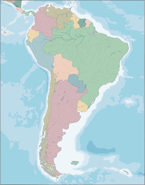 Map of South America continent with countries