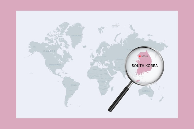 Map of South Korea on political world map with magnifying glass