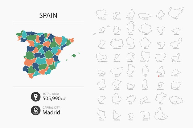 Vector map of spain with detailed country map map elements of cities total areas and capital