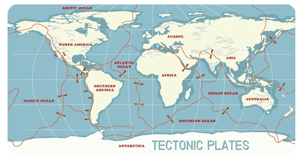 Map of tectonic plates and boundaries