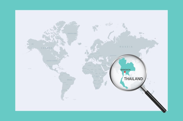 Map of Thailand on political world map with magnifying glass