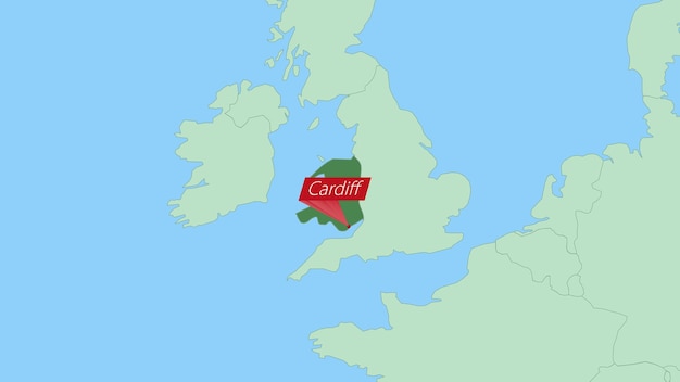 Map of Wales with pin of country capital