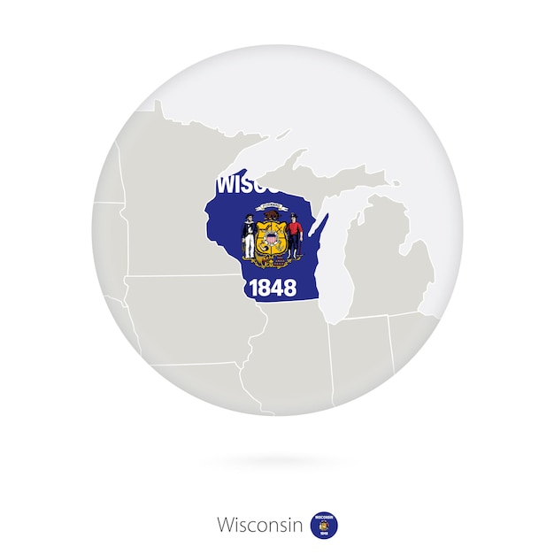 Map of Wisconsin State and flag in a circle Wisconsin US State map contour with flag Vector Illustration