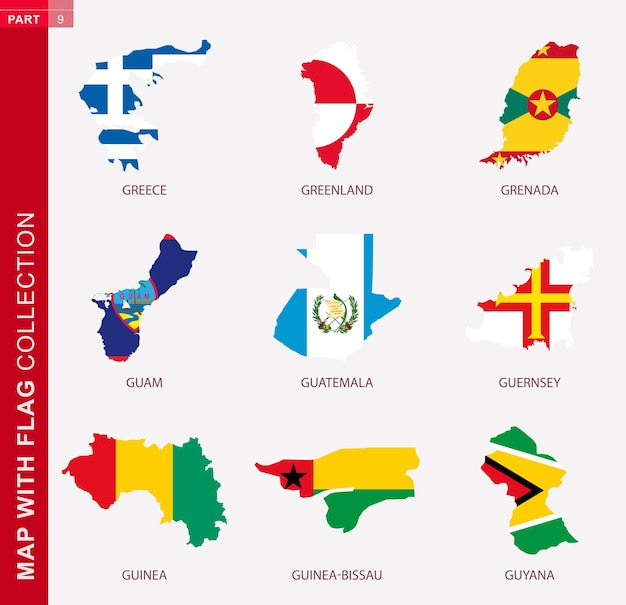 Map with flag collection, nine map contour with flag of Greece, Greenland, Grenada, Guam, Guatemala, Guernsey, Guinea, Guinea-Bissau, Guyana