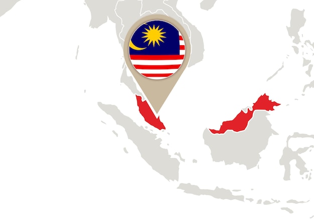 Map with highlighted Malaysia map and flag