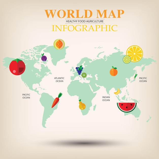 a map of the world labeled with different fruits