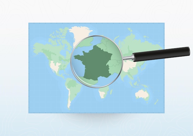 Vector map of the world with a magnifying glass aimed at france searching france with loupe