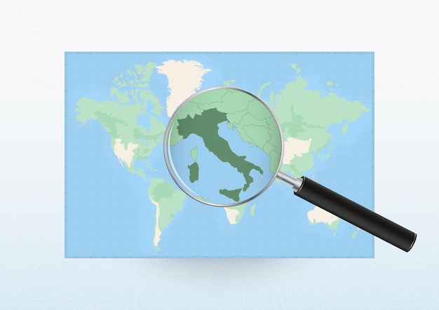 Vector map of the world with a magnifying glass aimed at italy searching italy with loupe