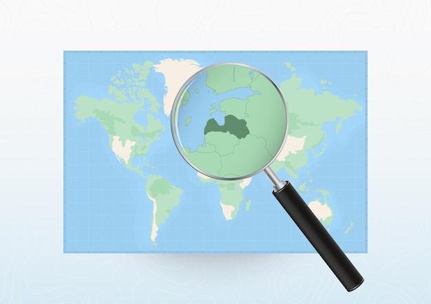 Map of the World with a magnifying glass aimed at Latvia searching Latvia with loupe