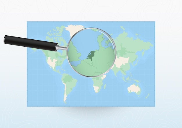 Vector map of the world with a magnifying glass aimed at netherlands searching netherlands with loupe